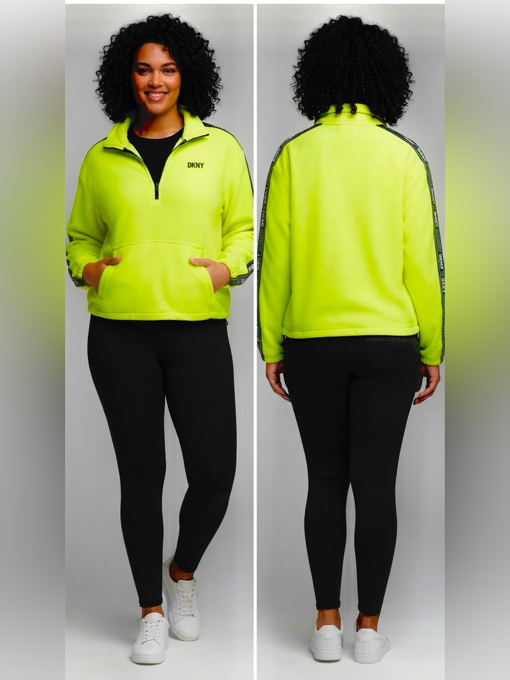 DKNY Sport Neon Lime Green Quarter-Zip Fleece Pullover Hoodie Size L